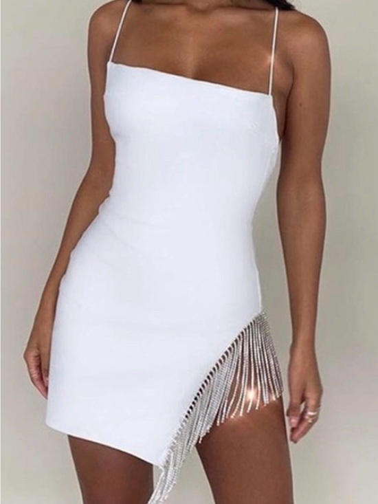 SHEIN Dresses & Skirts - SHEIN White Asymmetric Rhinestone Fringe Mini Dress